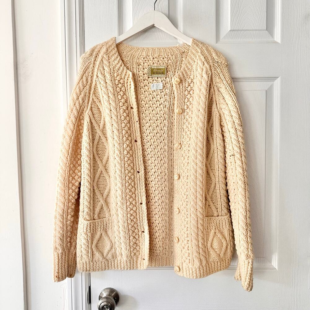 Kennedy of Ardara Ireland Vintage Beige Wool Cable Knit Button Cardigan One Size